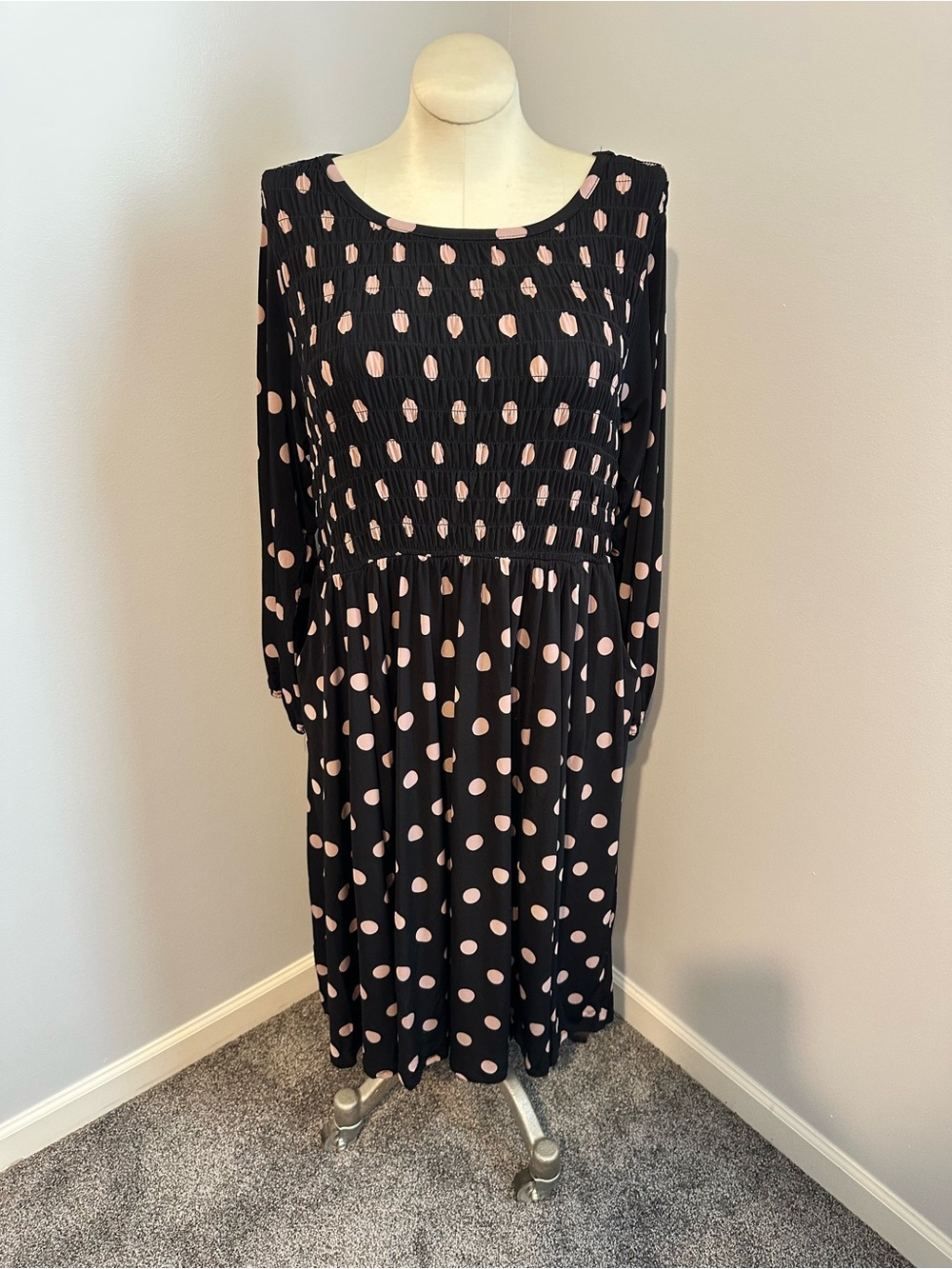 NWT Black and Pink Polka Dot Long Sleeve Midi Dress